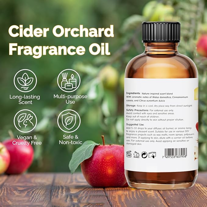 Cider Orchard Fragrance Oil 2 Oz, Natural Scent Oil for Home Essential Oils Diffuser, Candle Making, Soap Making, DIY Body Oils, Perfume, Body Mist, Spray - Apple Cider Scent
