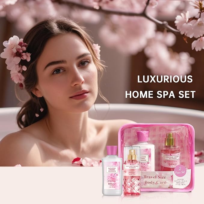 Japanese Cherry Blossom Bath and Body Gift Set - 2-Piece Travel Skincare Essentials (3oz Body Lotion + 2.5oz Fragrance Mist) Lightweight Hydrating Duo, Holiday Gift Set