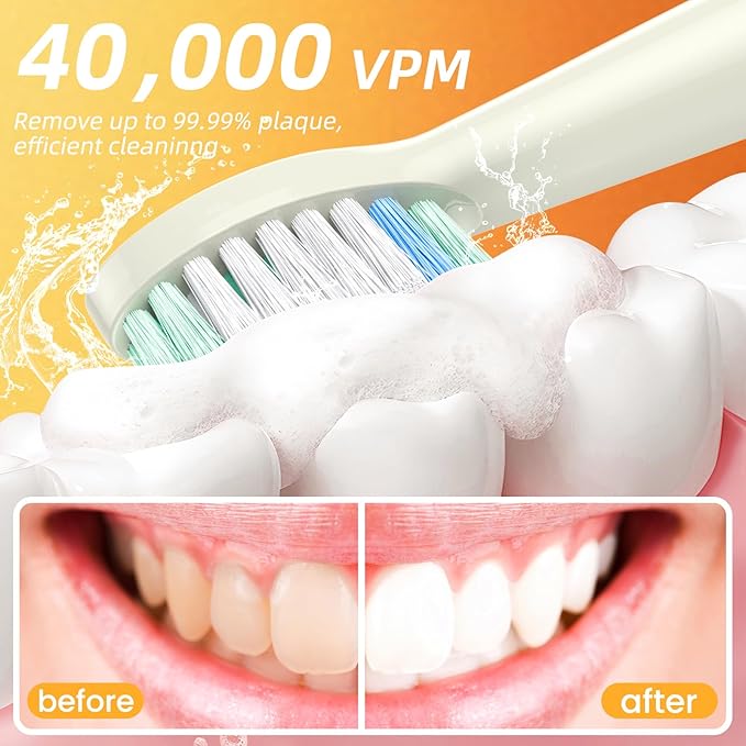 YUNCHI Electric Toothbrush for Adults and Kids, Rechargeable Battery Toothbrushes, 8 Brush Heads, 90 Days, 1 Travel Case, 2 Min Timer, IPX7 Waterproof, 5 Modes, Red Yellow Gradient