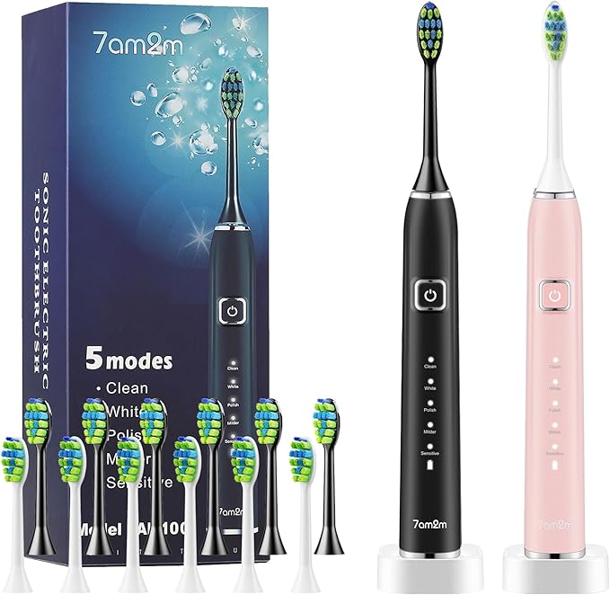 7AM2M Electric Toothbrush 2 Pack Set for Kids and Adults, 12 Brush Heads,5 Adjustable Modes, Built-in 2-Minute Smart Timer,Wireless Fast Charge for 60 Days,IPX7 Waterproof SonicToothbrush(Black+Pink)