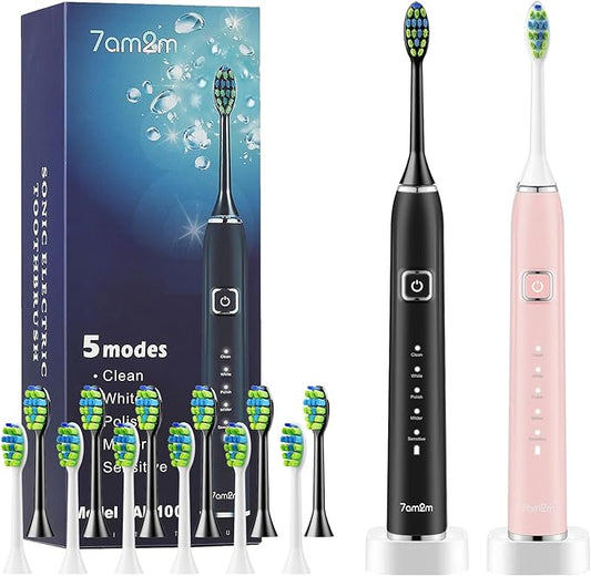 7AM2M Electric Toothbrush 2 Pack Set for Kids and Adults, 12 Brush Heads,5 Adjustable Modes, Built-in 2-Minute Smart Timer,Wireless Fast Charge for 60 Days,IPX7 Waterproof SonicToothbrush(Black+Pink)