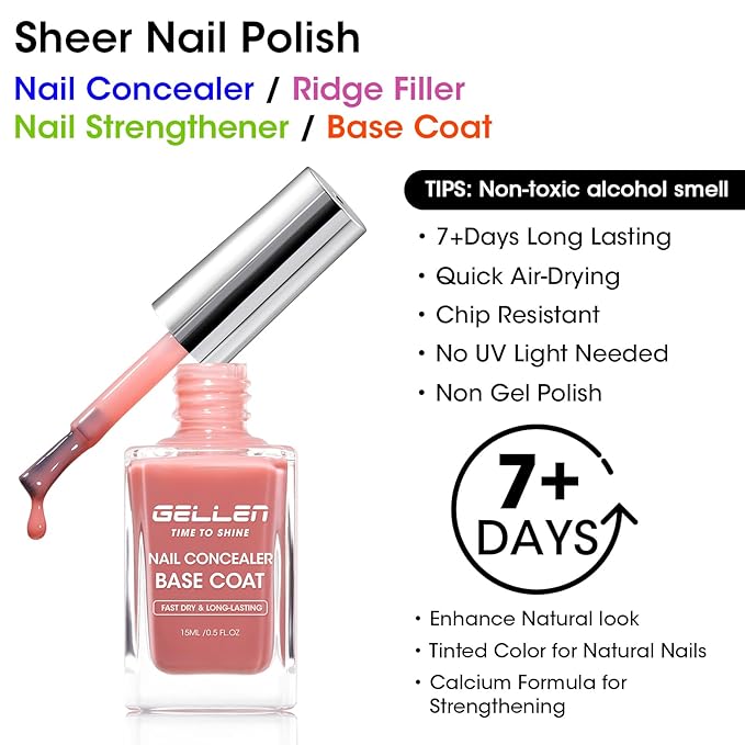 GELLEN 4-In-1 Illuminating Nail Concealer Base Coat Polish Dusty Rose Pink, Sheer Nail Strengthener Ridge Filler for Nails, Calcium Formula Smoothes Strengthens Nails, Quick Dry, Hema Free, Non-toxic