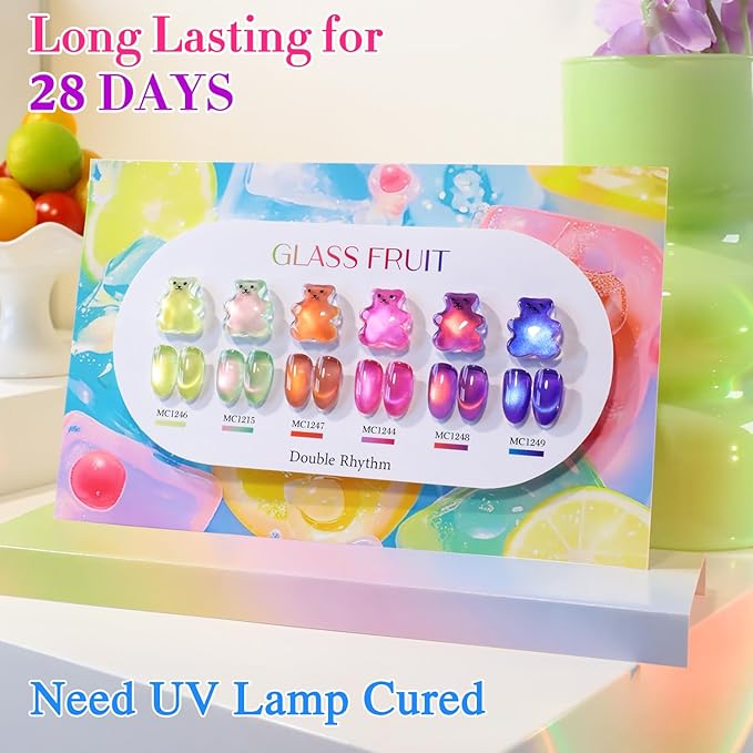 Double Rhythm Fruit Cat Eye Gel Nail Polish Set of 6 Same Color Same Bottle 0.5 Oz Shimmer Glitter with Magnet Holographic Reflective Magnetic UV Polish Kit at Home (Glass Rose Pink Green-T6-48)