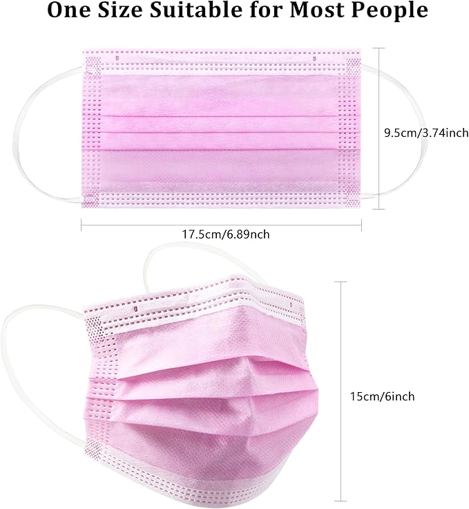 akgk 100PCS Pink Disposable Face Masks, 3-Ply Breathable Pink Face Mask For Adults