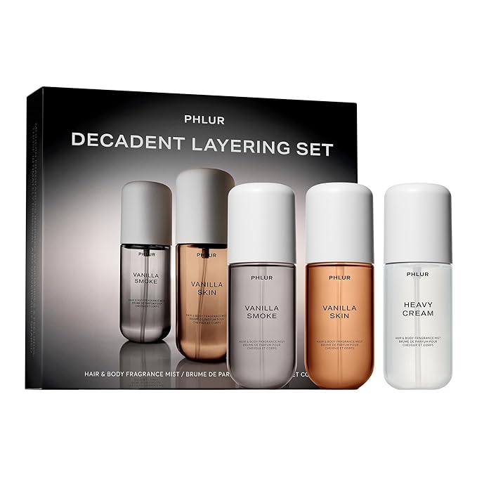 PHLUR Decadent Layering Set ($75 Value) - Travel Size Body Mist Gift Set - Vanilla Smoke, Vanilla Skin, & Heavy Cream - Fragrance Mist Trio (3 x 3 fl oz)