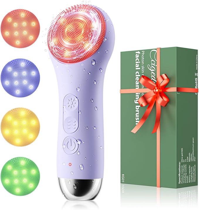 Facial Cleansing Brush Electric Face Scrubber - Rechargeable Face Cleansing Brush with 4 LED Gentle Light Silicone Heat and Vibration Exfoliator Massage Deep Cleansing,IPX7 Waterproof,Ideal Gift﻿