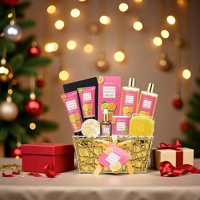Bath & Body Gift Set, Luxury Christmas Gifts for Women Citrus Pink Grapefruit Spa Kit Gift Woman, 11 Pcs Self Care Kit Gifts With Bubble Bath, Massage Oil, Bath Brush, Birthday Gifts for Women