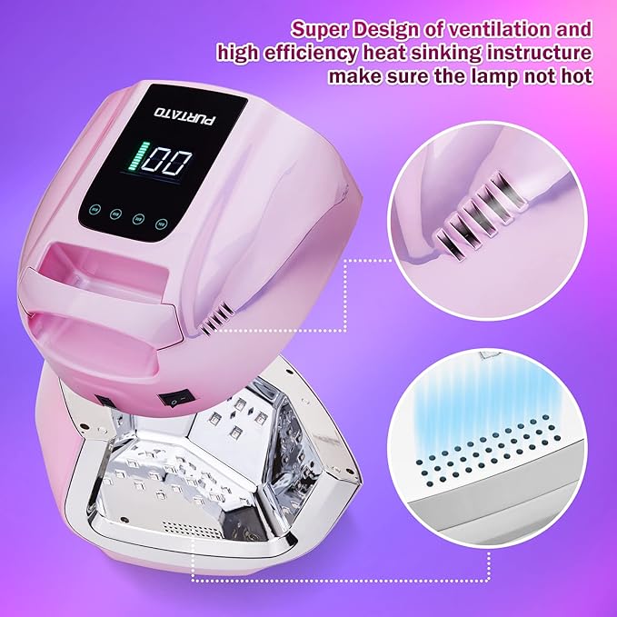 Professional Rechargeable 96W UV LED Portable Cordless UV Light for Nail Lamp Machine with Removable Stainless Steel Bottom,4 Timer Setting and Smart Sensor Nail Dryer (Plating Pink)