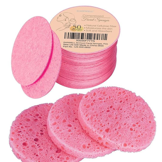 GAINWELL 50-Count Compressed Facial Sponges for Daily Facial Cleansing and Exfoliating, 100％ Natural Cosmetic Spa Sponges for Makeup Remover, Reusable, Pink