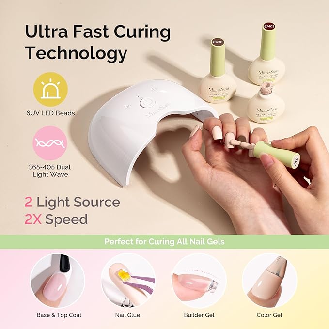 MelodySusie Gel Nail Kit with P-ART06G Cordless UV Lamp Christmas Gift for Women Plant Based HEMA Free Fall Nails Polish with No Wipe Top Coat, Base & Builder Gel