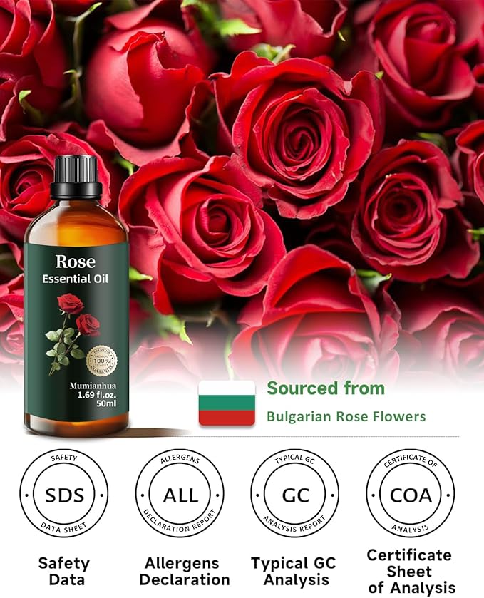 Pure Rose Essential Oil, Mumianhua Natural Rose Oil for Reed Diffuser, Air Freshener, Aromatherapy, Relaxation, Skin,Hair, Cologne, Candles Making, Evening Wellness, Romantic Atmosphere 1.69 Fl Oz