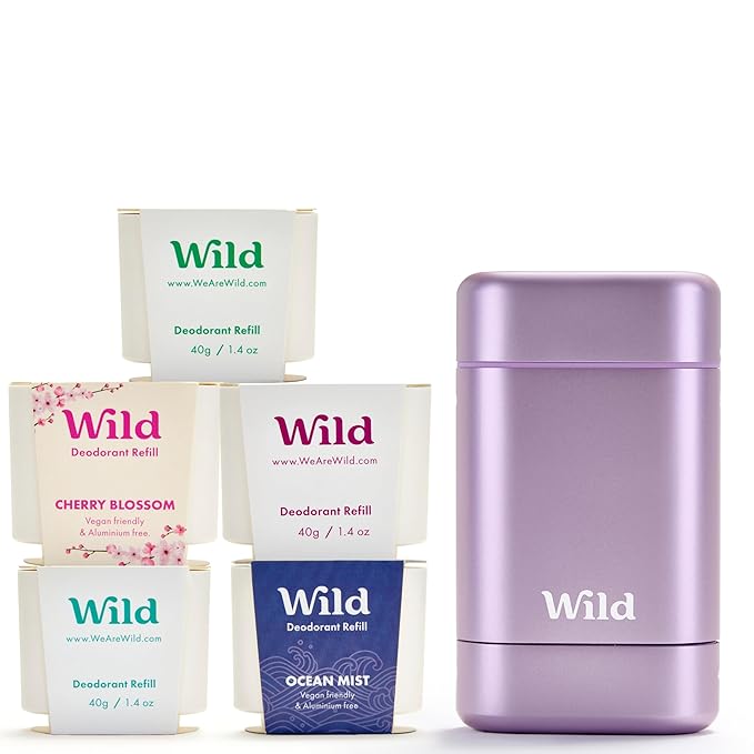Wild - The Full Monty Starter Kit - Purple Case with Refills in a Variety of Fresh Scents 5 x 1.4oz - Refillable Deodorant & Aluminum Free - Long Lasting Protection - Vegan