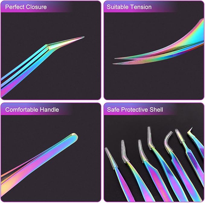Eyelash Extension Tweezers Set, Fangze 7 Pcs Lash Kit Rainbow Stainless Steel Straight and Curved Tweezer for Nail Art Ingrown Hair Craft