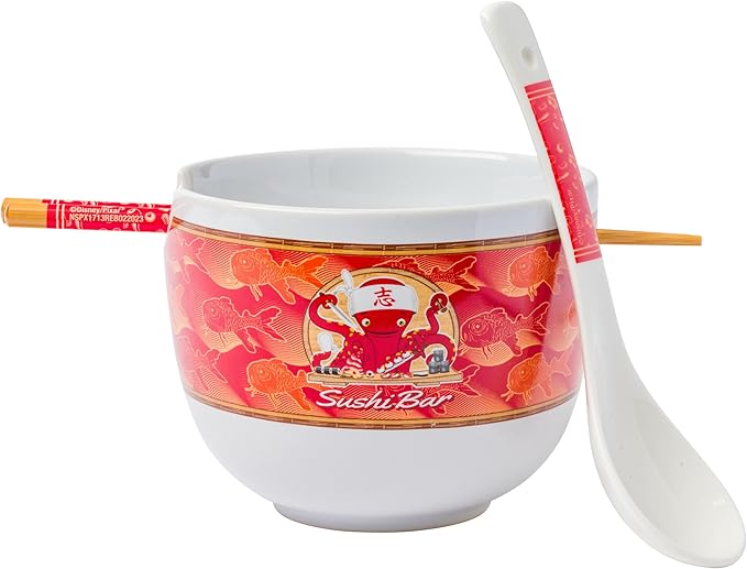 Silver Buffalo Disney Pixar Monsters Inc Harryhausen's Octopus Chef Sushi Bar Ceramic Ramen Noodle Rice Bowl with Chopsticks and Spoon, Microwave Safe, 20 Ounces