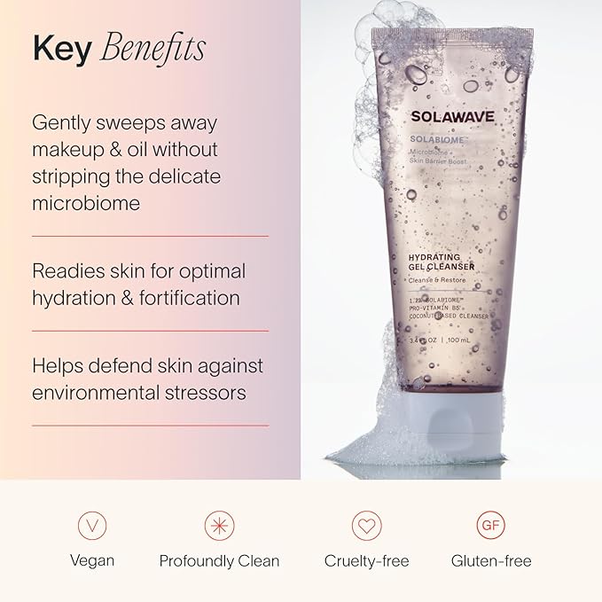 Solawave Probiotic Gel Facial Cleanser with Prebiotics and Pro Vitamin B5, Hydrating and Soothing Formula to Remove Makeup and Reduce Blemishes - Non-Comedogenic for All Skin Types (3.4 FL OZ)