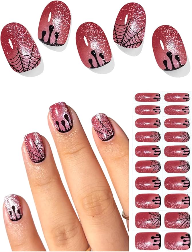 Semi Cured Gel Nail Strips (Blood Drip Cat Eye), Halloween, Spider Web, 20 Pcs Red Gel Nail Wraps, Stickers, Salon Quality, Works With Any Lamps