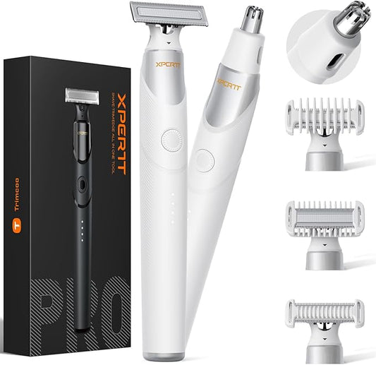 New 2 in 1 Body & Nose Hair Trimmer - Electric Beard Razor for Men, All-in-One Groomer with Magnetic Nose Hair Head, Waterproof Wet/Dry Use, Groin/Ball Shaver, USB-C Fast Charging,White(Solo)