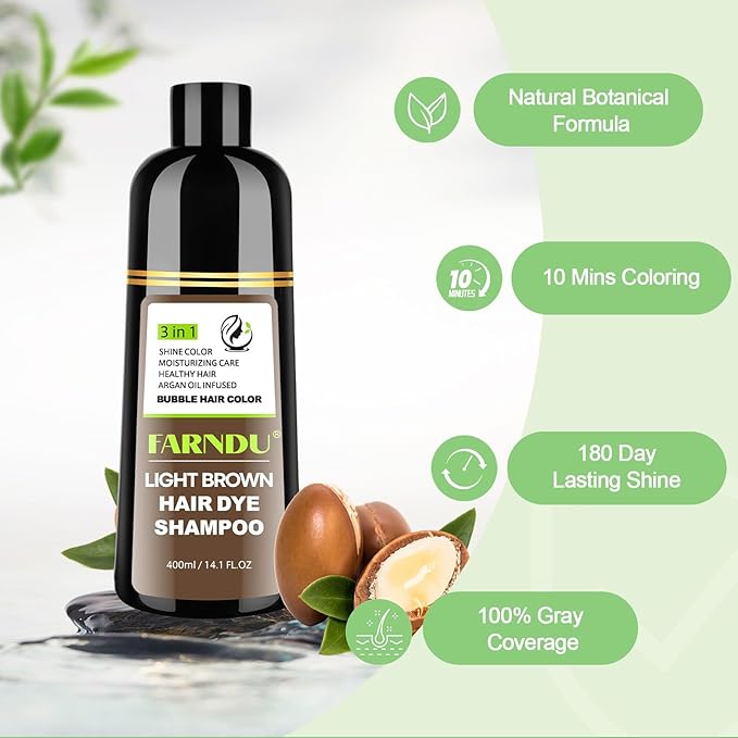 FARNDU Light Brown Hair Dye Shampoo 3 in 1 with Argan Oil – 10-15 Min Gray Coverage, Natural Instant Hair Color Shampoo for Women and Men, Long-Lasting Up to 6 Months, Ideal Christmas Gifts