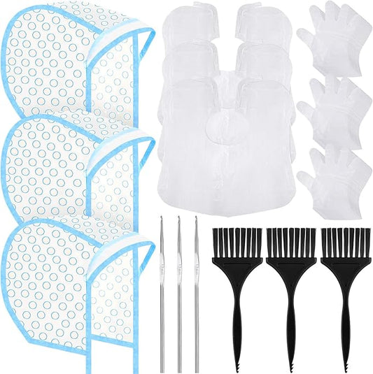3 Sets Hair Coloring Kit, Includes PVC Hair Coloring Caps with Styling Tools, Disposable Dye Shawl, Gloves, Brushes for Dyeing(Blue)