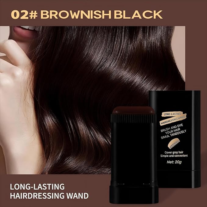 2-in-1 Hair Color Stick & Comb, Long-Lasting Waterproof Color,Sweat-Proof, Quick Root Touch-Up, Coloring Tool – For Women & Men (2-Pack-BROWNISH BLACK)