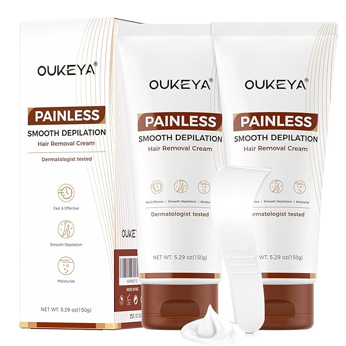 OUKEYA 2PACK, Hair Removal Cream for Women & Men Sensitive Skin, Natural Extracts Depilatory Cream for Bikini Line Legs Arms Underarms, Dermatologically Tested Painless Hair Remove Gel with Tool