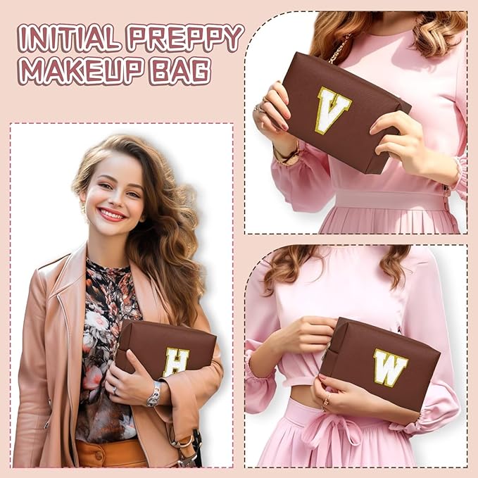 TOPEAST Cosmetic Travel Bags for Women, Preppy Small Makeup Bag, PU Leather Waterproof Toiletry Bag, Unique Friendship Gifts for Friends Coworker, Cute Stuff for Girls (Brown R)