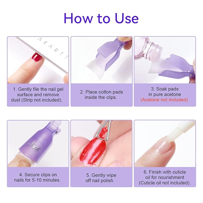 Makartt Nail Polish Remover Clips Kit, 20PCS Reusable Nail Soak Off Clips for Fingers and Toes, Professional Nail Gel Remover Tools with Double-Ended Cuticle Pusher for Removal Acrylic Art Nail Polish