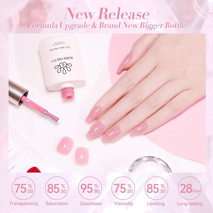Born Pretty Jelly Pink Gel Nail Polish Milky Sheer Translucent Neutral Pink Gel Polish Hema-Free Soak Off Nail Art Gel 0.5 Fl Oz