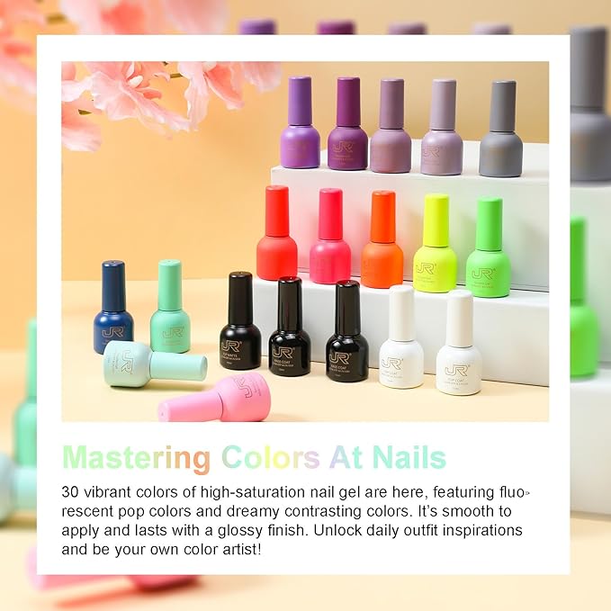 JR 35pcs 10ml Gel Nail Polish Same Color Same Bottle Deep Colors Blue Green Yellow Red Pink Gel Polish Set Base Top Matte Coat for Professional Nail Salon Art Manicure Gifts for Women B Set