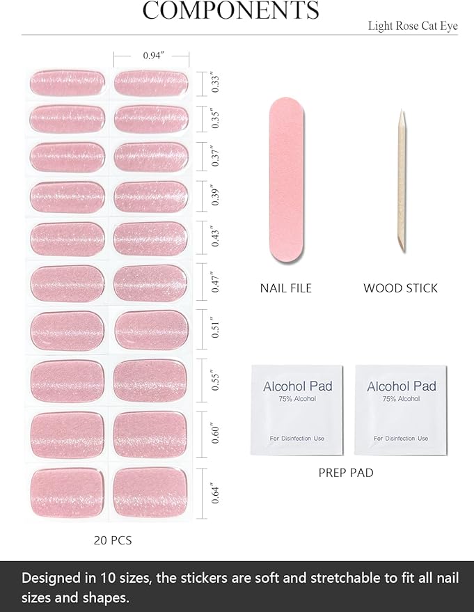 Semi Cured Gel Nail Strips (Light Rose Cat Eye), 20 Pcs Gel Nail Wraps, Stickers, Long Lasting, Works With Any Lamps
