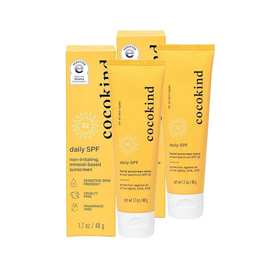 Cocokind Daily SPF, Mineral Face Sunscreen with Zinc Oxide, SPF 32, Reef Safe, Unscented, All Skin Types, Non-Toxic, Cruelty Free, 2 Pack, 1.7 fl oz