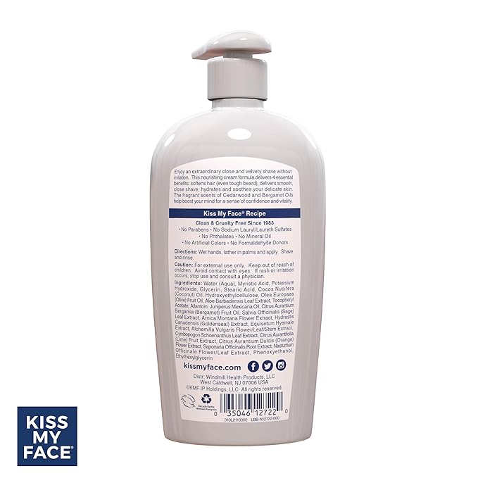 Kiss My Face Fragrance Free Moisture Shave, Cedarwood and Bergamot, 4 In 1 Shaving Cream, Cruelty Free And Vegan, With Added Olive Oil And Aloe Leaf Extract, Vitamin E Rich, 11 fl Oz, 4 Pack