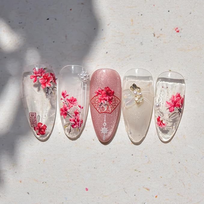 Spring Summer Nail Art Stickers 5D Self Adhesive Nail Decals Red Flower Nail Stickers for Nail Art Embossed Nails Design Floral Nails Supplies for DIY Manicure Decoration for Women Girls