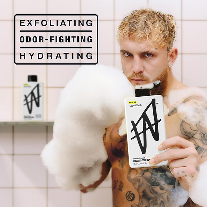 W By Jake Paul Exfoliating Body Wash for Men, Vitamin-Infused, Hydrating Shower Gel, Fresh Ice, 18 fl oz (Pack of 2)