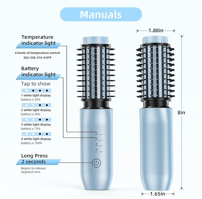 CARESKY® Cordless Curling Iron Brush, 1.5 Inch Mini Travel Hair Curler with 200 Million Negative Ions, Portable Heated Round Straightener Brush Rechargeable for Curl, Touch-Up, De-Frizz, Styling