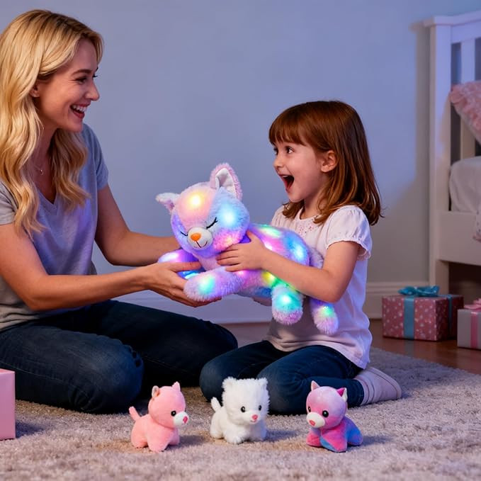 Hopearl LED Plush Cat Lighting Up Stuffed Mommy Cat with 3 Baby Kittens in her Tummy Stuffed Animal Playset Night Lights Glow in The Dark for Mom Kids Toddler Girls, Rainbow, 18''