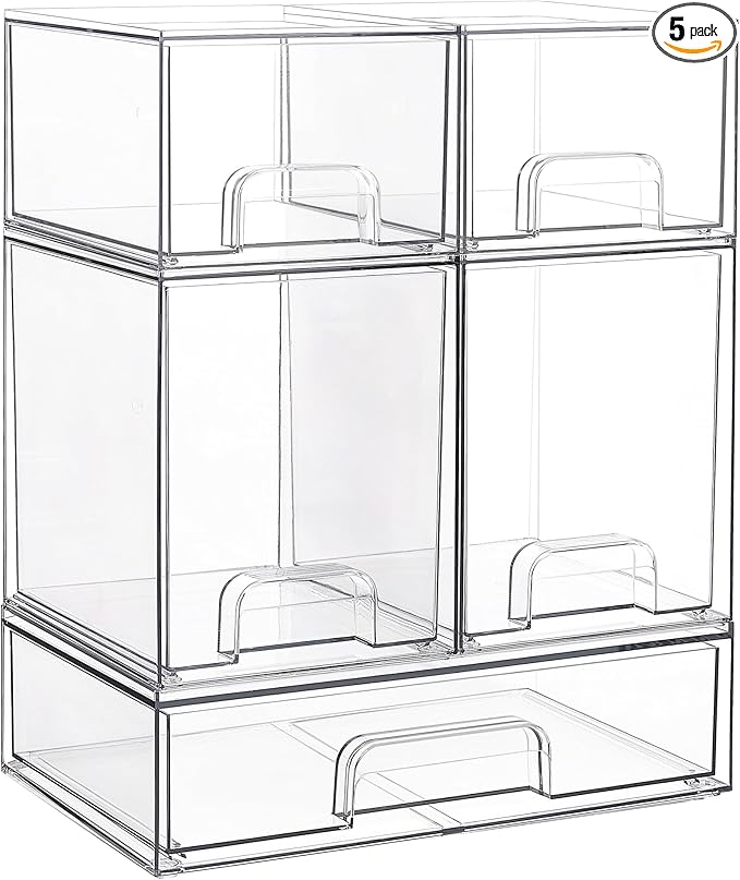 Vtopmart Stackable Storage Drawers Set of 5, Clear Plastic Organizer Bins for Baby Bottle, Beauty Supplies Storage, Ideal for Kichen Countertop, Vanity, Bathroom, Cabinet, Pantry Organization