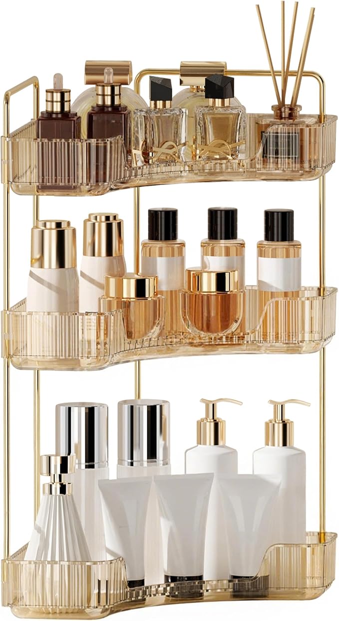 YCIA&DONE Corner Bathroom Counter Organizer, Makeup Organizer for Vanity, Skincare Cosmetic Perfume Tray, Corner Countertop Shelf Rack Storage for Bathroom Kitchen 3 Tiers (Amber Gold)