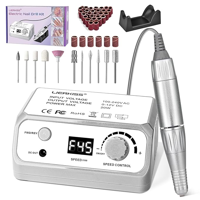 Professional Nail Drill 45000RPM Drill Nail Electric Nail File with Sanding Bands and Nail Drill Bits for Acrylic, Gel Nail Manicure & Pedicure, Gray