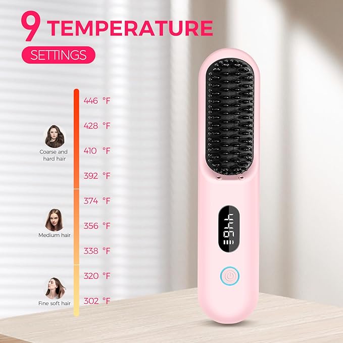 Cordless Hair Straightener Brush, Portable Straightening Brush for Travel, Mini Ionic Hot Comb with 9 Temperature Settings, Rechargeable Heated Straightening Comb, Dual Power, Gifts for Women Her