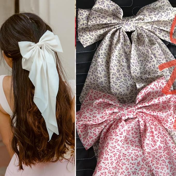 4 PCS Premium Hair Bows Claw Clips for Women & Girls in Black - Satin Non-Slip Bow-knot Hair Clips for Thick or Thin Hair, Big Bows