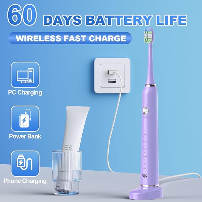 JTF Sonic Electric Toothbrush - with Travel Case and 6 Brush Heads, Fast Charging toothbrushes for 60 Days Long Lasting, 5 Modes Power Toothbrush for Women