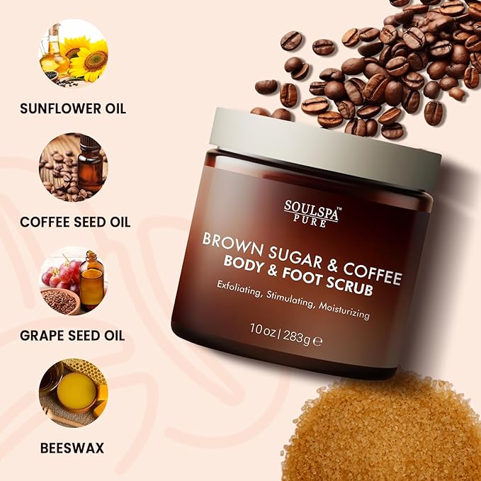 Brown Sugar and Coffee Foot & Body Scrub - Energizing Brown Sugar & Moisturizing Coffee Scrub Body Exfoliator for All Skin Types - Hydrating Exfoliating Spa Treatment - 10 oz