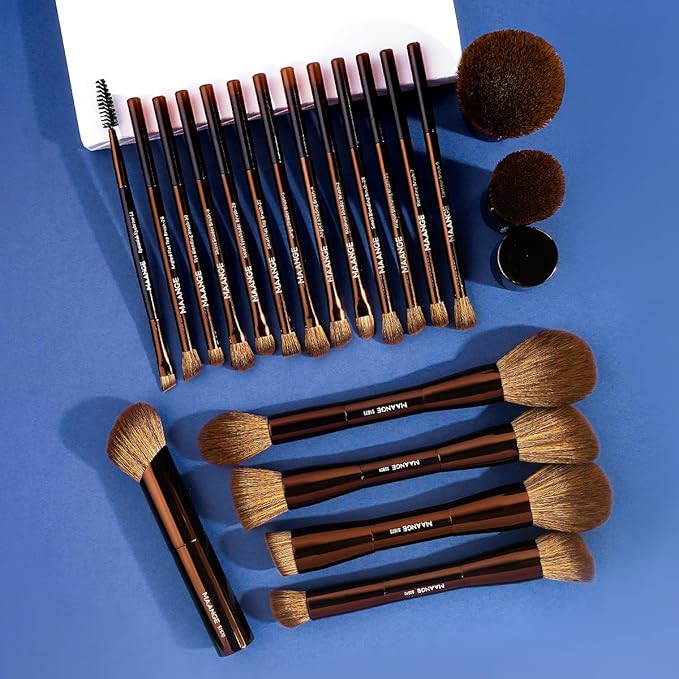 MAANGE 20 PCS Makeup Brush Set with Bag, Double-ended Kabuki Brush Foundation Contour Brush for Liquid Powder Concealer Eye Shadows Cream Cosmetics Blending Blush Face Makeup Tools (Brown)