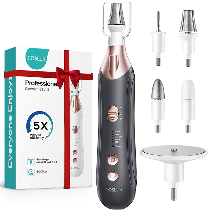 COSLUS Professional Manicure Pedicure Kit, 5-in-1 Electric Nail File for Toenail Hand Feet Care - Wider Grinder for Thick Nails, Cordless, 5 Speed, for Men Women Seniors Home Salon, Black, C43(END10)