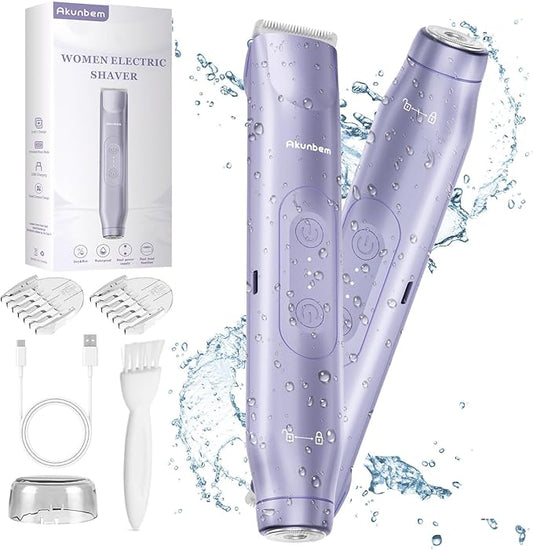 Bikini Trimmer for Women - 2 in 1 Electric Razors for Women - Dual Head Electric Shaver - IPX7 Waterproof Wet & Dry Use Body Hair Trimmer and Facial Hair Remover for Bikini Underarm Leg Arm