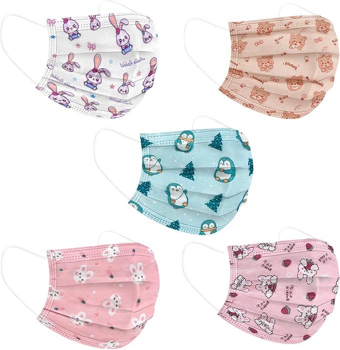 Rasav Kids Disposable Face Masks,3 Ply Kids Masks Disposable Breathable Colorful Cute Face Masks for Children, Girls & Boys
