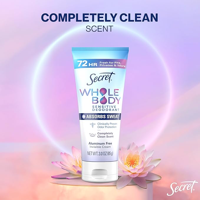 Secret Whole Body Deodorant Dry Feel Cream + Absorbs Sweat for Women, Completely Clean Scent, Aluminum Free Deodorant, 72 HR Odor Protection, 3.0 oz