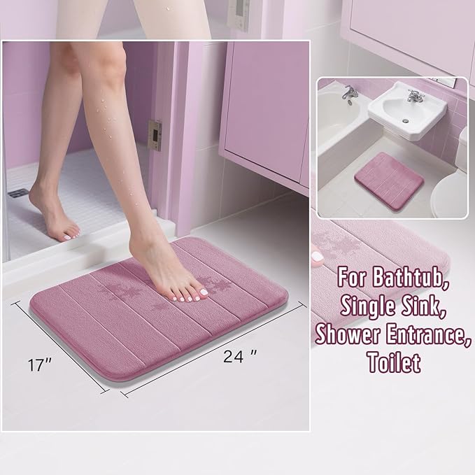 Yimobra Memory Foam Bath Mat, Super Soft Absorbent Bathroom Rug Non Slip, Quick Dry, Machine Washable Floor Carpet for Tub Shower, Home Decor Accessories, 24x17, Mauve