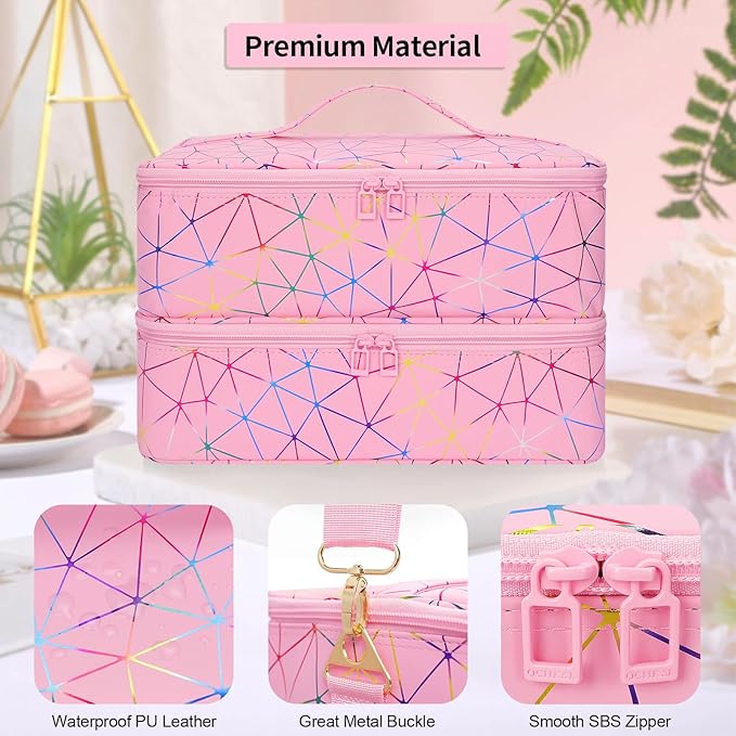 Ethereal Nail Polish Organizer Case Holds 50+ Bottles (5ml/0.5fl.oz) and Nail Lamp, Leather Nails Storage Organizer with Compartment, Diamond Pink